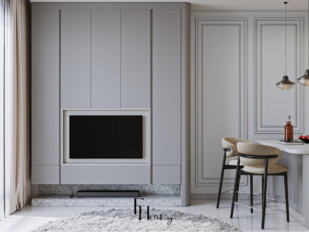 Kệ tivi thiết kế đơn giản, mảng tường trang trí mộc mạc nhấn mạnh vẻ đẹp tinh tế trong không gian
