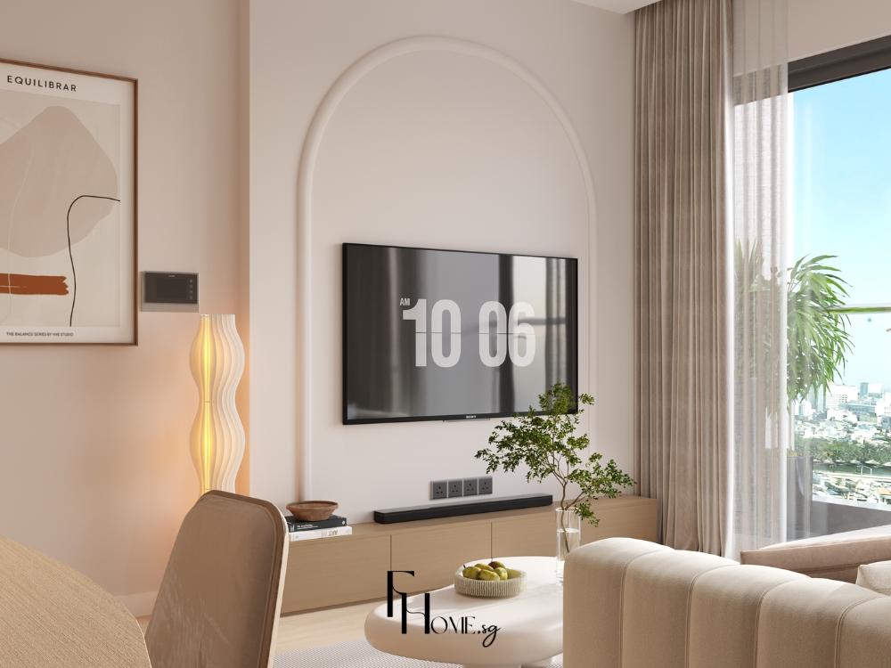 Kệ tivi thiết kế đơn giản, sử dụng các mảng khối vuông vức mang đậm tinh thần tối giản hiện đại