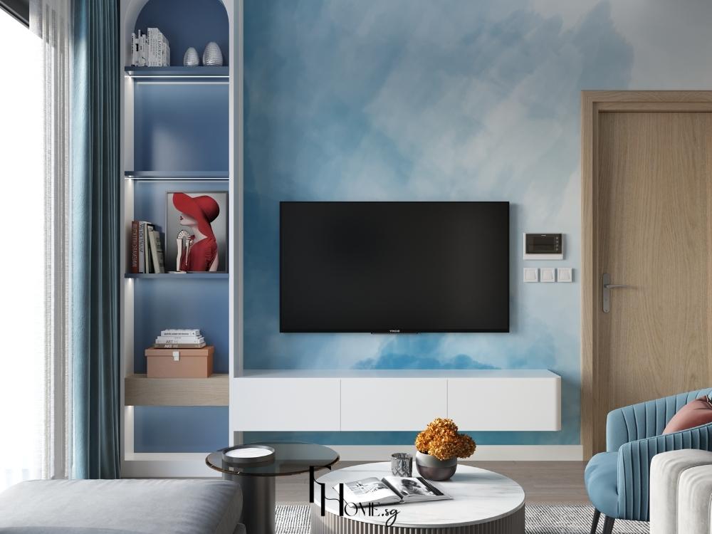 Kệ tivi và nội thất được bố trí hợp lý, tránh gương đối diện cửa chính để tăng cường vượng khí