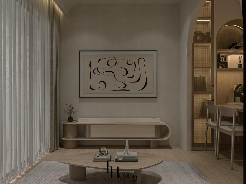 Kệ tivi và tủ trang trí được lựa chọn phù hợp với chiều dài tường, tạo sự cân đối hài hòa cho phòng khách