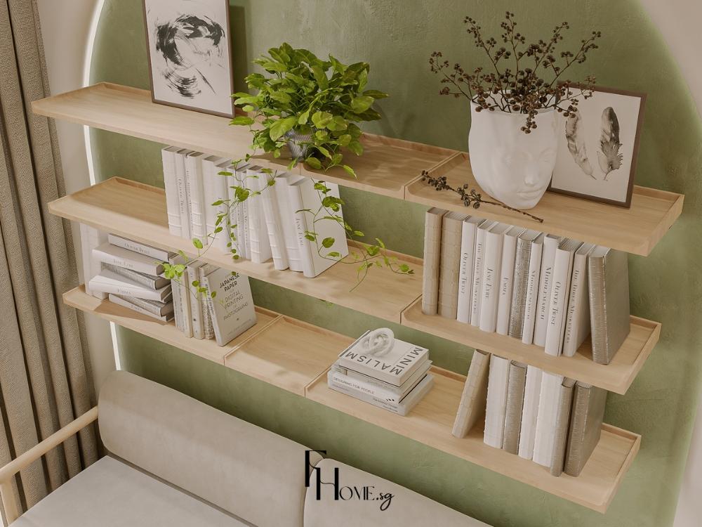 Kệ treo tường trang trí cùng các chậu cây xanh nhỏ, mang đến điểm nhấn tự nhiên và giúp không gian sống trở nên tươi mới, sinh động hơn