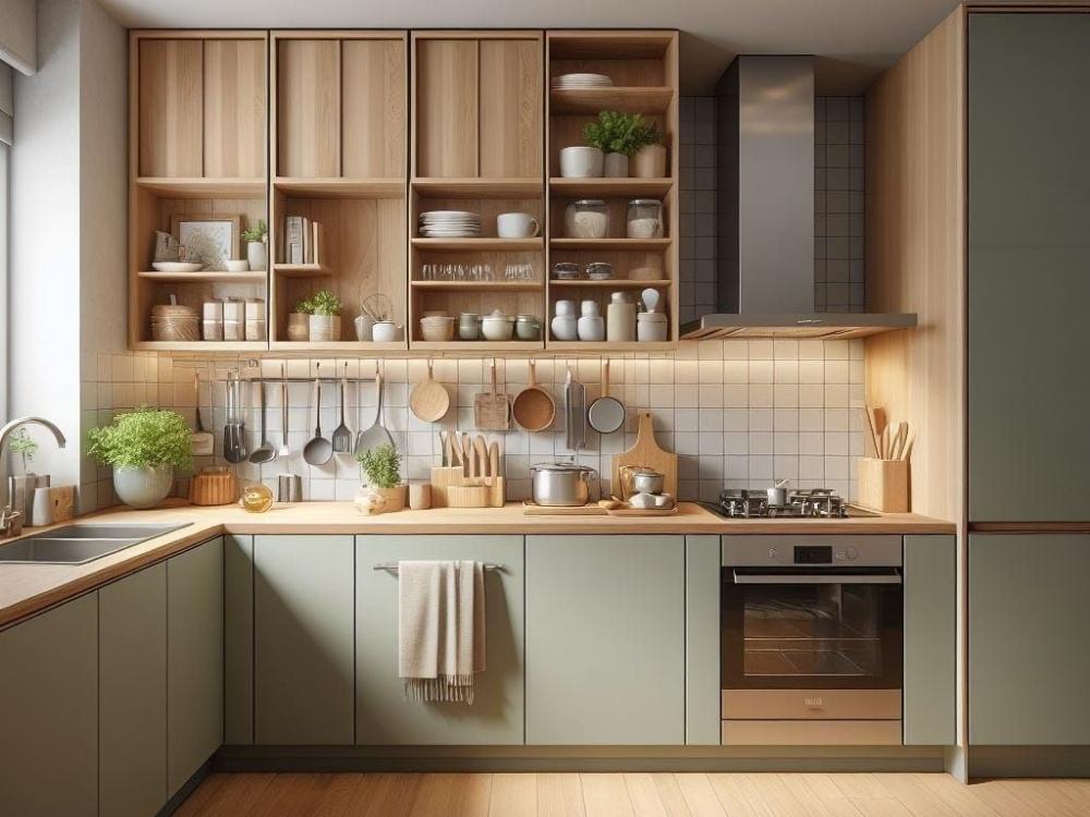 Kệ treo tường trong bếp giúp sắp xếp gia vị, chén đĩa và các vật dụng thường dùng