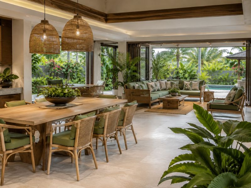 Không gian Tropical dùng tông xanh lá nhẹ, nội thất gỗ, ghế mây và mảng kính lớn nhìn ra sân vườn