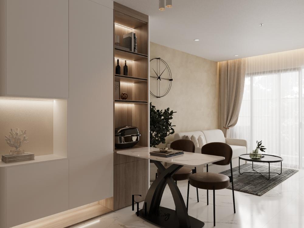 Không gian bàn ăn phong cách tối giản với gam màu trắng, be chủ đạo, tạo cảm giác tinh tế và nhẹ nhàng