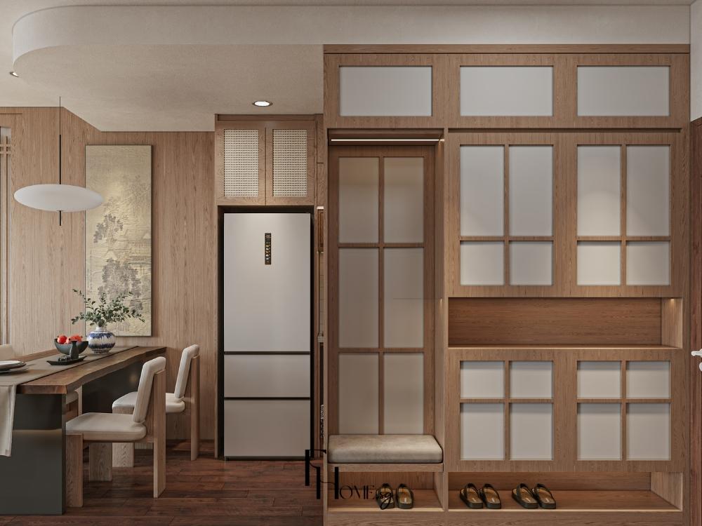 Không gian bếp Nhật Bản tinh gọn với vật liệu gỗ và mây, ánh sáng tự nhiên lan tỏa tạo cảm giác gần gũi và sạch sẽ