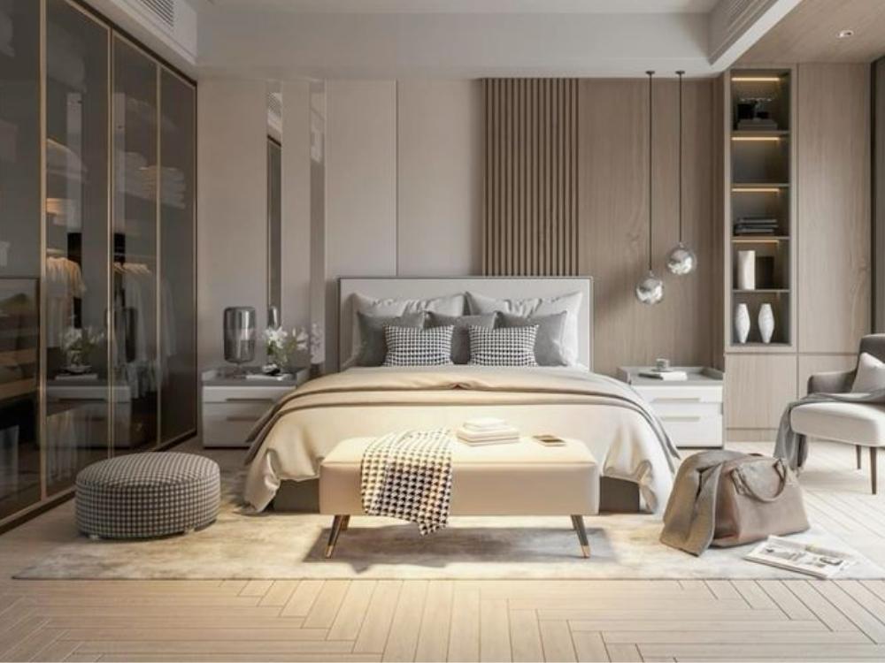 Phòng ngủ nhà phố cao cấp trên 500m² với tông màu trắng chủ đạo