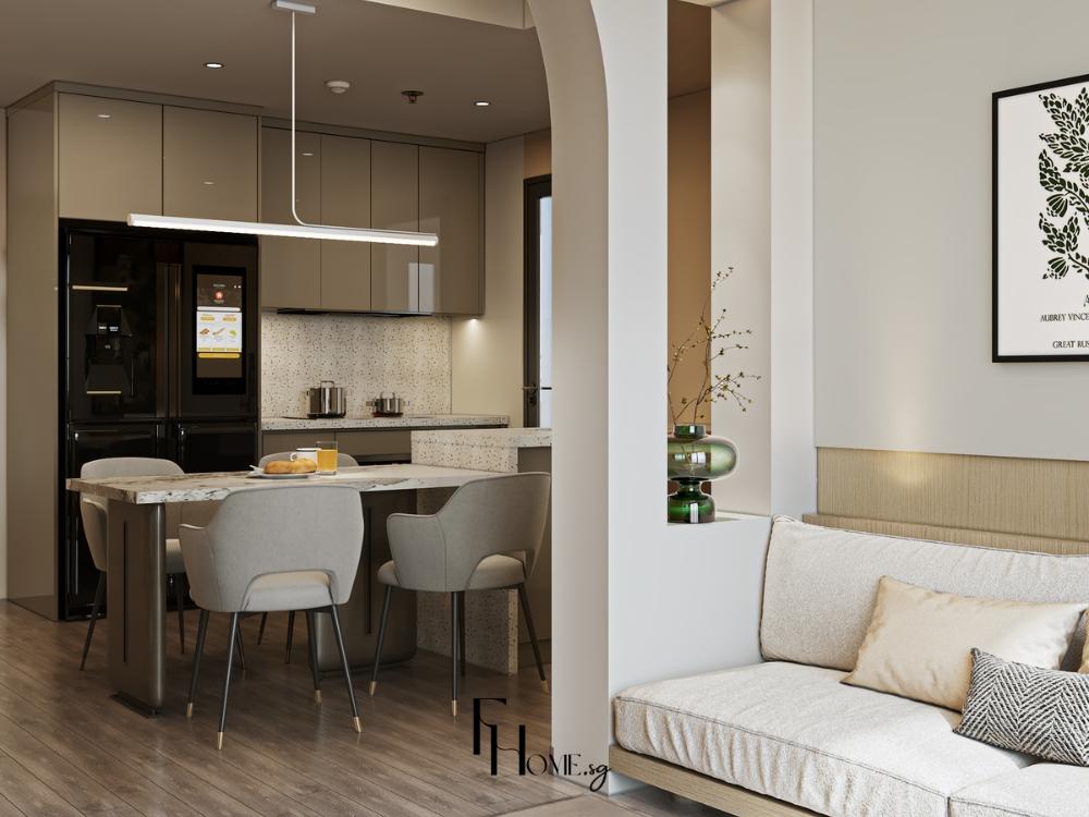 Không gian bếp gam màu trắng và ghi nhạt kết hợp kim loại không gỉ, tạo cảm giác sạch sẽ và tinh tế