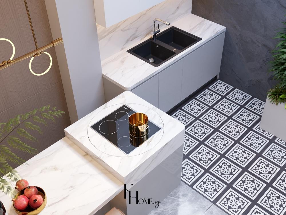 Không gian bếp sáng thoáng nhờ ánh sáng tự nhiên từ giếng trời, kết hợp đèn LED dưới tủ bếp