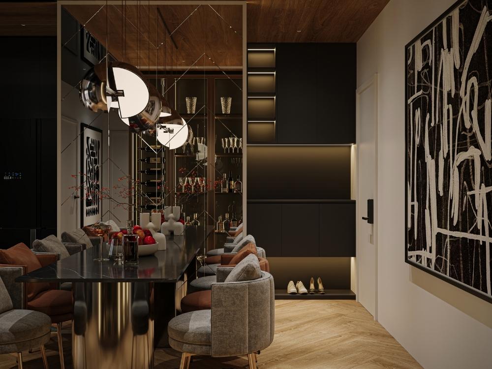 Không gian bếp tương lai với hệ thống điều khiển thông minh và vật liệu cảm ứng hiện đại