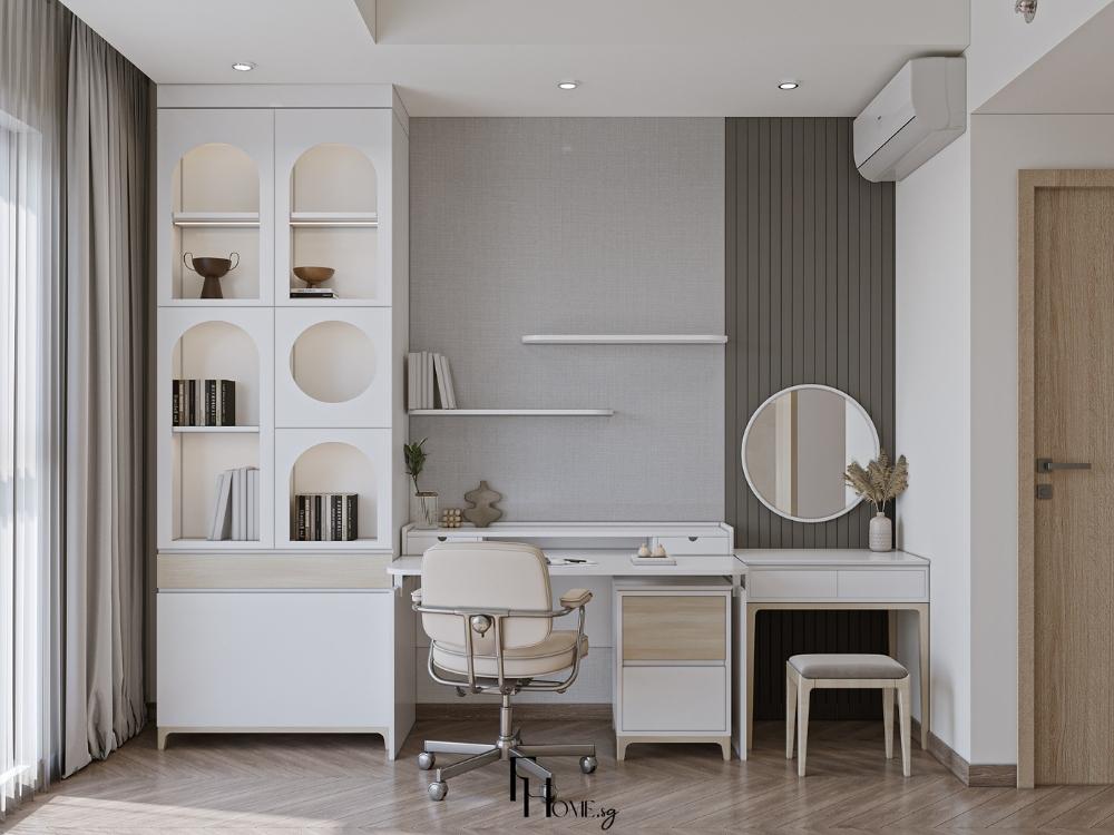 Không gian học tập tại nhà kết hợp ánh sáng tự nhiên và cây xanh, tạo cảm giác thư thái và tập trung hơn