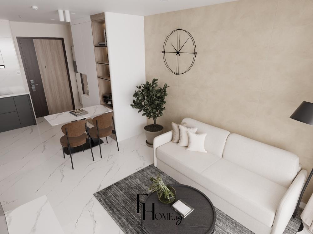 Không gian khách liền bếp phong cách hiện đại, ứng dụng nội thất gấp và bố cục mở mang đến sự linh hoạt và tiện nghi cho gia đình trẻ