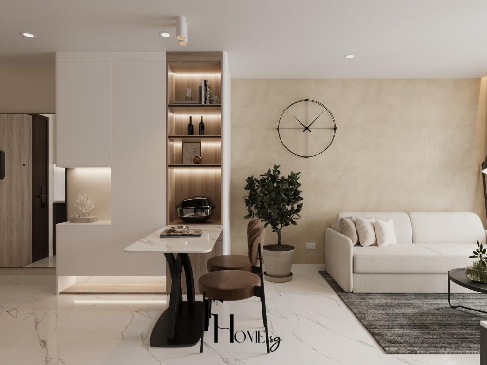 Không gian khách liền bếp thiết kế tối giản thông minh, sử dụng gam màu trung tính và nội thất đa năng tạo cảm giác gọn gàng, hiện đại