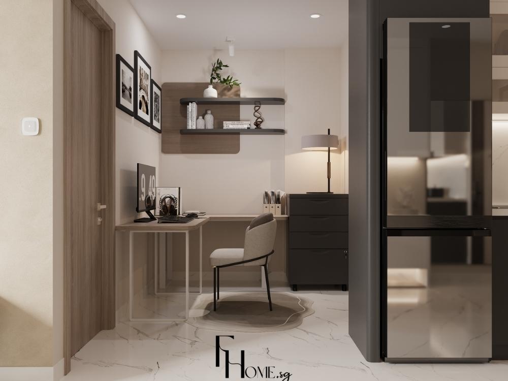 Không gian làm việc gọn gàng, sử dụng tông màu trung tính và đường nét tối giản