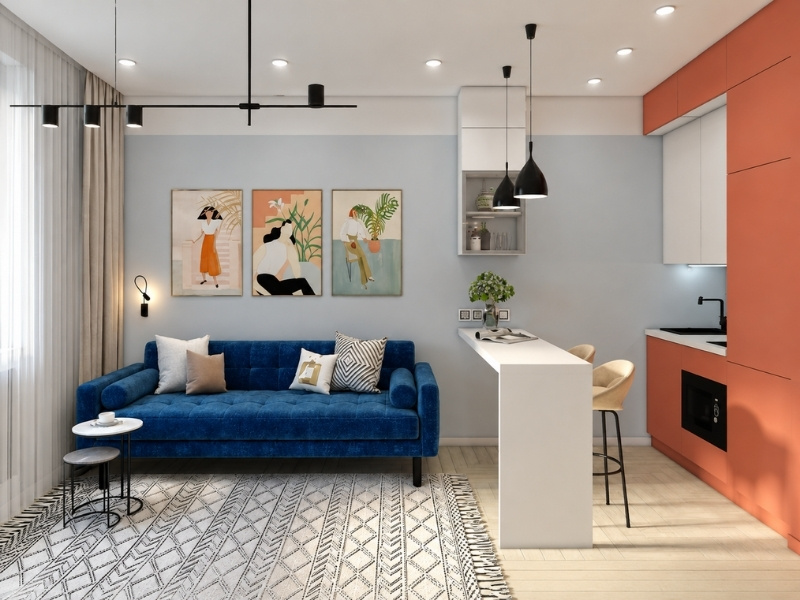  Không gian mở phòng khách liền bếp với quầy bar mini và bộ sofa nỉ xanh nổi bật