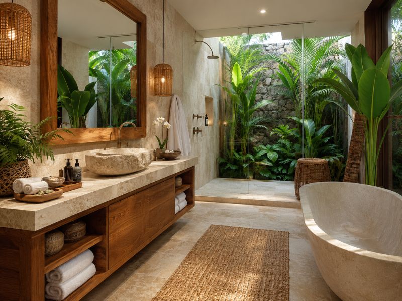 Không gian nghỉ ngoài trời phong cách Tropical với ghế mây, đèn tre, thảm cói và nhiều cây xanh
