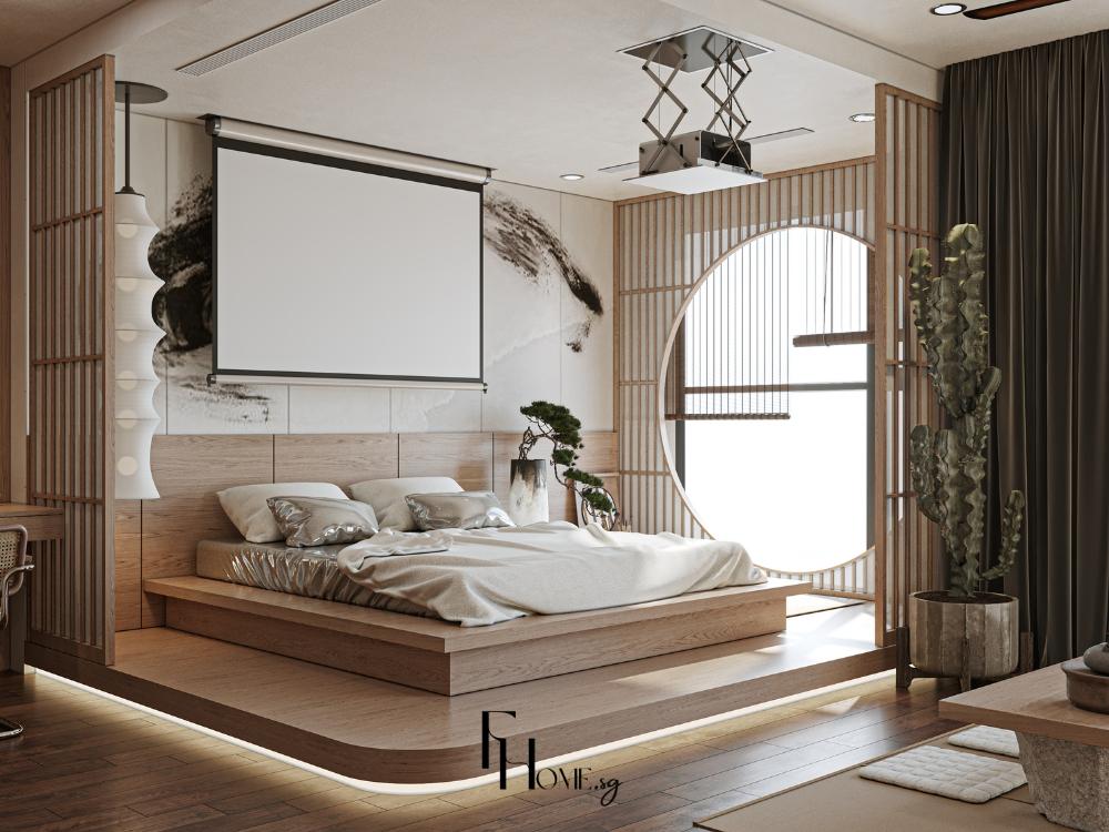 Không gian nghỉ ngơi đậm chất Nhật với bonsai nhỏ, chất liệu tre và ánh sáng dịu nhẹ mang lại sự thư thái