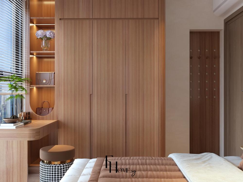 Không gian nghỉ ngơi nhẹ nhàng với sắc trắng ngà và nâu gỗ, thể hiện đúng tinh thần tối giản của thiết kế Nhật