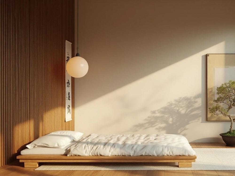 Không gian nghỉ ngơi với ánh sáng dịu nhẹ và chất liệu tự nhiên như tre, giấy washi