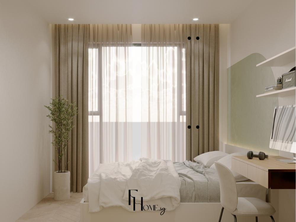 Không gian ngủ ngập tràn ánh sáng, kết hợp rèm lanh mỏng tạo cảm giác nhẹ nhàng và thư thái