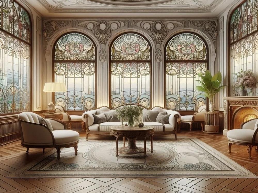 Không gian nội thất phong cách Art Nouveau với đường cong uyển chuyển, họa tiết hoa lá và ánh sáng tự nhiên