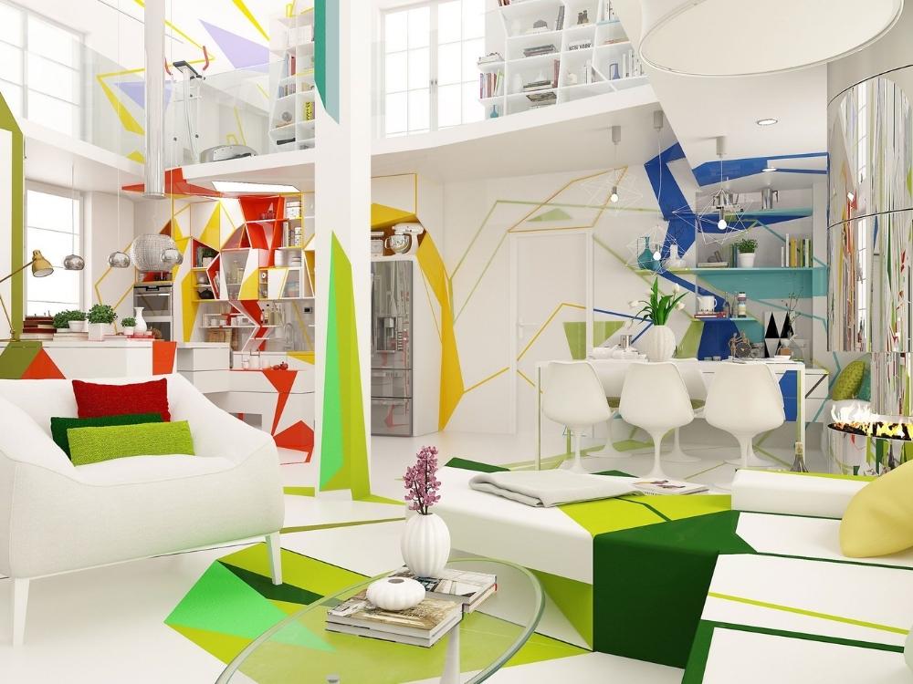 Không gian nội thất phong cách Expressionism với màu sắc mạnh mẽ và hình khối bất đối xứng, thể hiện cảm xúc và cá tính rõ rệt