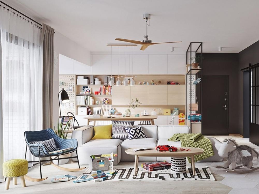 Không gian nội thất phong cách Funky với màu neon rực rỡ và họa tiết psychedelic, mang lại cảm giác vui tươi, năng động và đầy cá tính