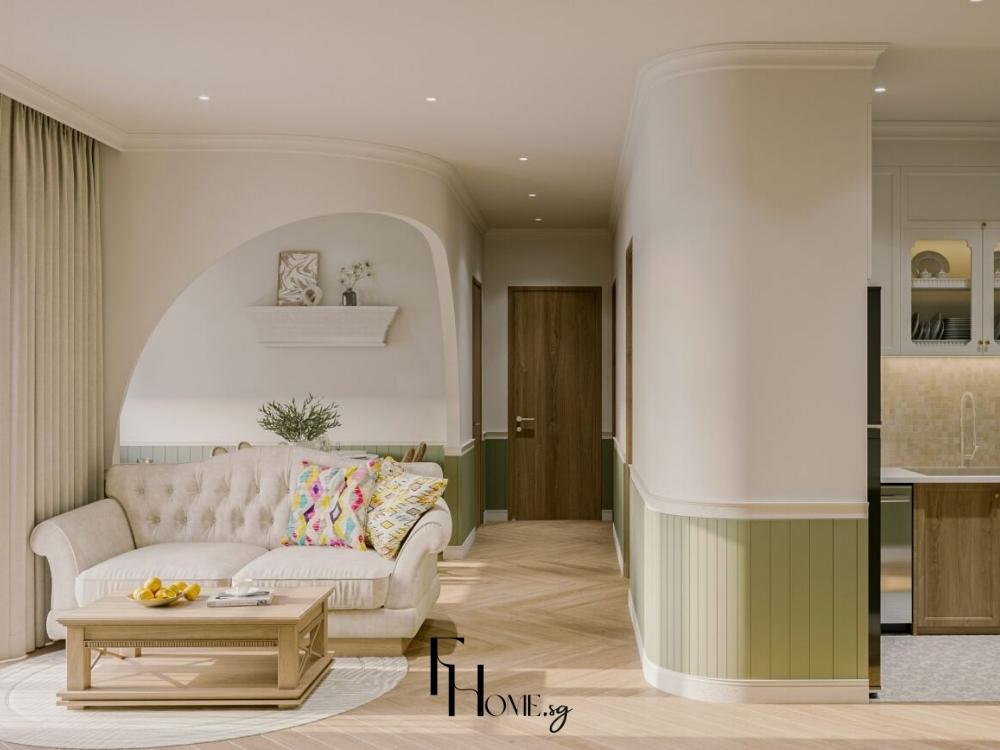 Không gian phòng khách Farmhouse gợi nhớ đến hơi thở đồng quê nước Mỹ, nơi sự giản đơn và chân thật hòa quyện