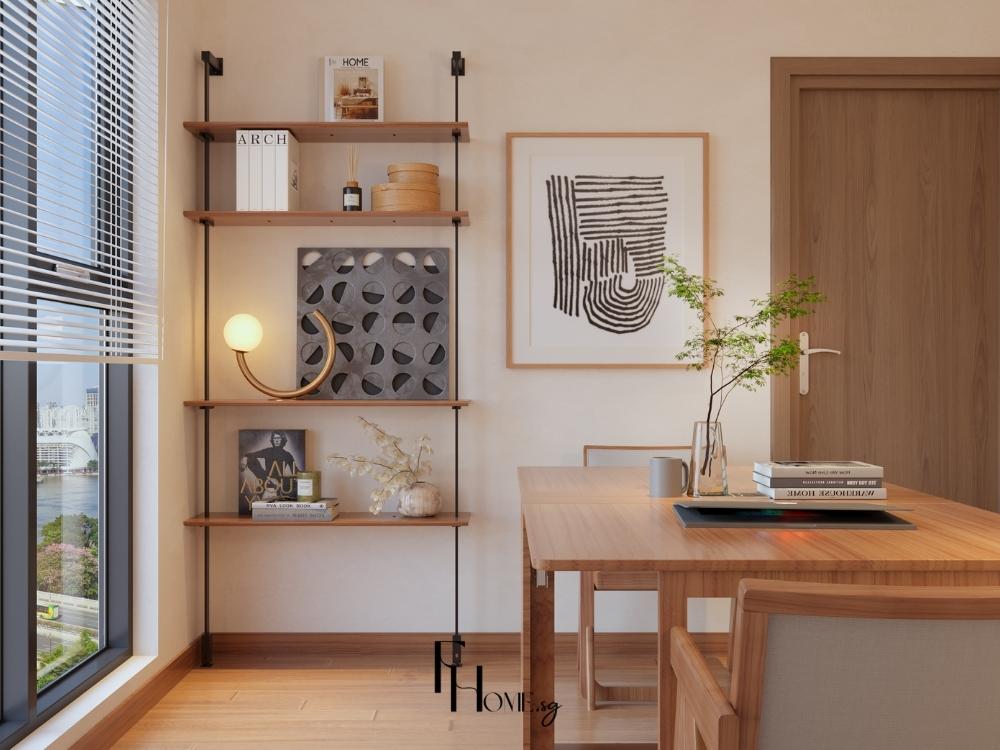 Không gian phòng khách Nhật màu nâu sáng, kết hợp bàn trà gỗ mộc và kệ gỗ sồi đồng bộ, toát lên vẻ mộc mạc và tinh tế