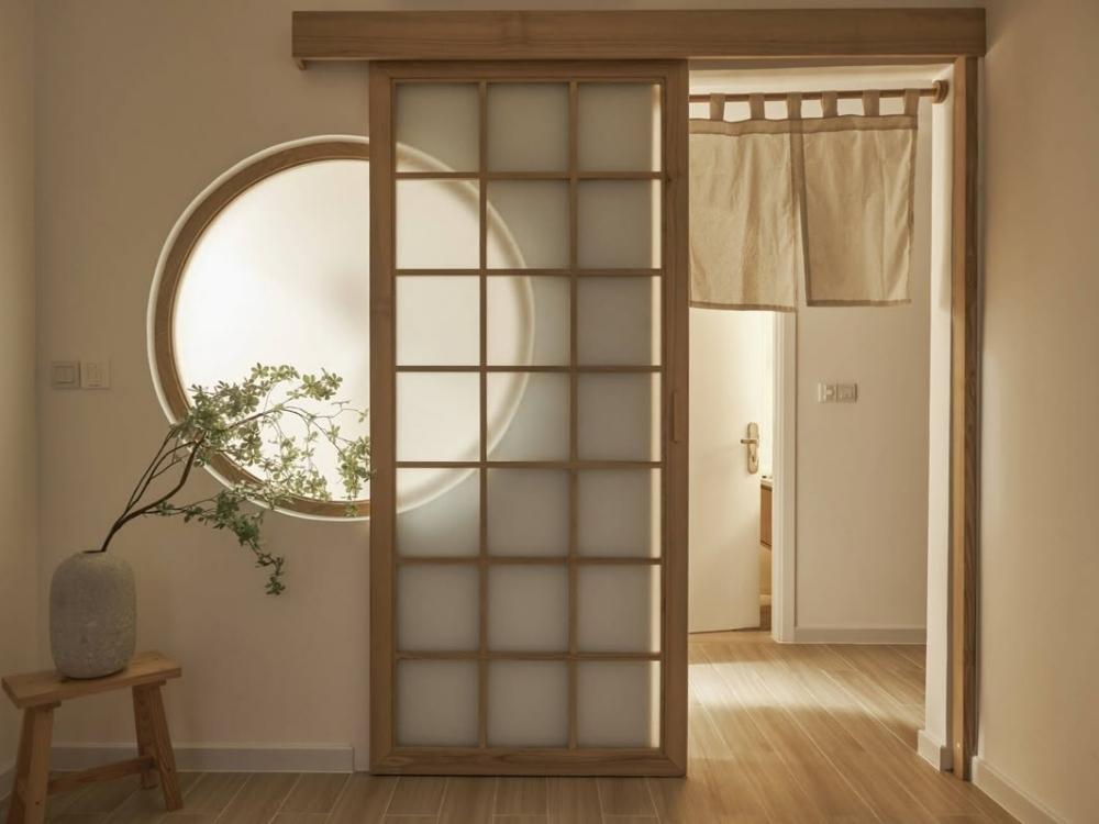 Không gian phòng khách ấm cúng với cửa trượt gỗ đồng bộ cùng sàn và nội thất, tạo nên sự hài hòa tự nhiên