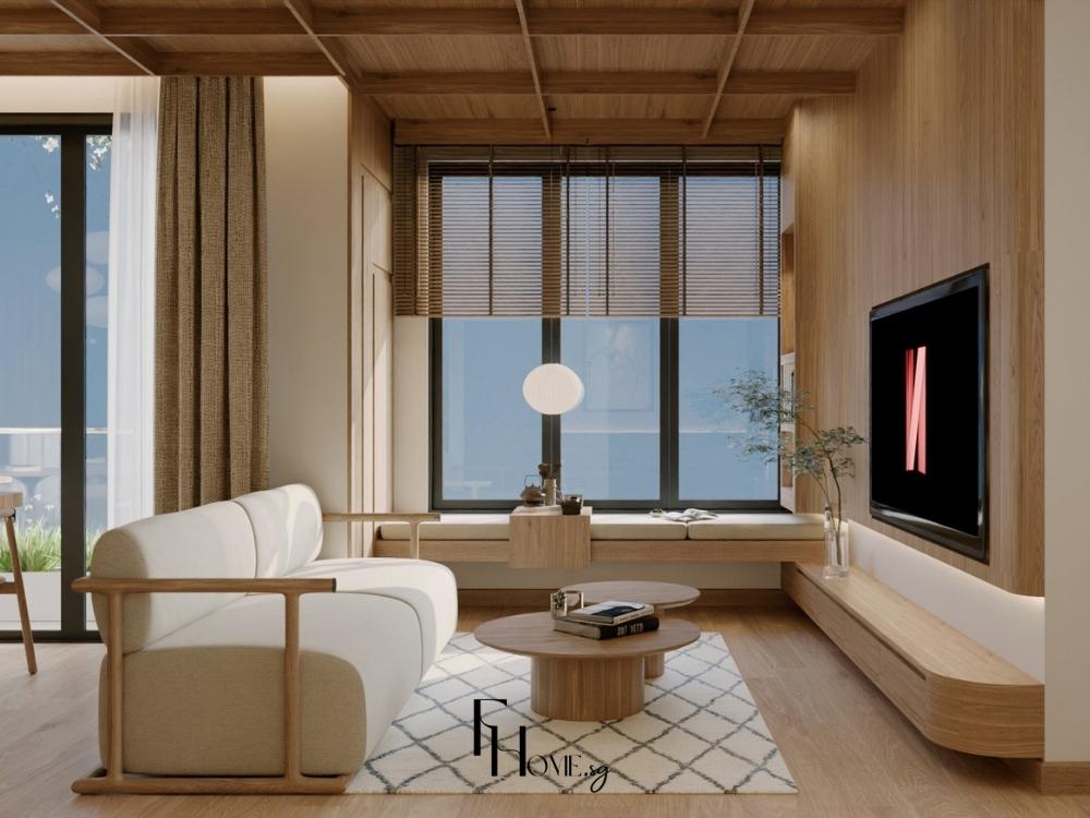 Không gian phòng khách chung phong cách Nhật, sử dụng gỗ sồi sáng và tre tự nhiên tông trắng ngà, mang lại vẻ thanh lịch, nhẹ nhàng