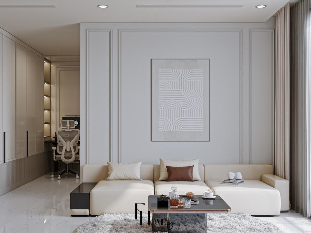 Không gian phòng khách được sắp xếp hợp lý, lối đi thông thoáng và thuận tiện cho sinh hoạt hàng ngày