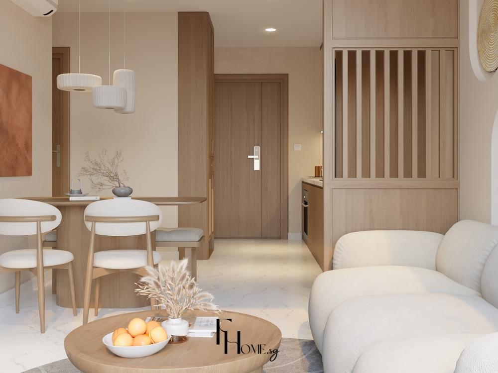 Không gian phòng khách kết hợp vật liệu gỗ sáng với kim loại mờ, tạo sự hài hòa giữa truyền thống và hiện đại