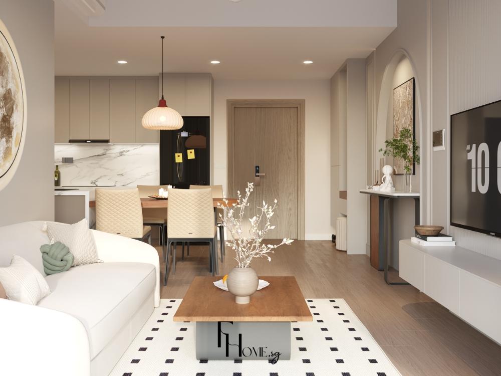 Không gian phòng khách mở hiện đại, mang phong cách sống tối giản và tinh tế, thể hiện gu thẩm mỹ thống nhất của gia đình