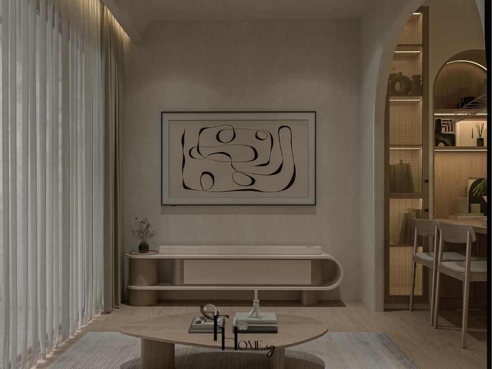 Không gian phòng khách mở, kệ tivi thấp kết hợp tông màu trung tính trắng, be, giúp tổng thể nhẹ nhàng và thoáng rộng