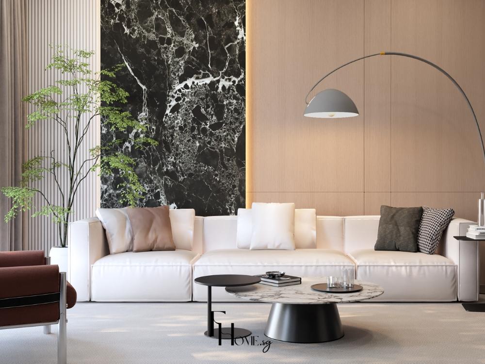 Không gian phòng khách sáng thoáng với gương trang trí lớn trên tường, giúp mở rộng chiều sâu và phản chiếu ánh sáng tự nhiên từ mặt tiền