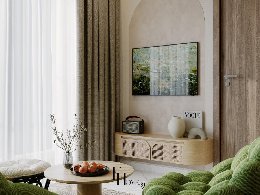 Không gian phòng khách sáng thoáng với tông trắng, nâu chủ đạo, nội thất tối giản và cửa sổ lớn đón sáng tự nhiên