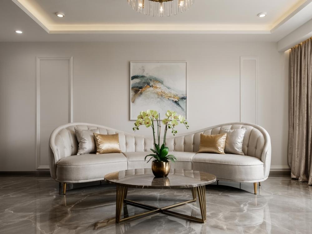 Không gian phòng khách thanh lịch với vật liệu cao cấp, decor tinh xảo và chiếu sáng nghệ thuật.