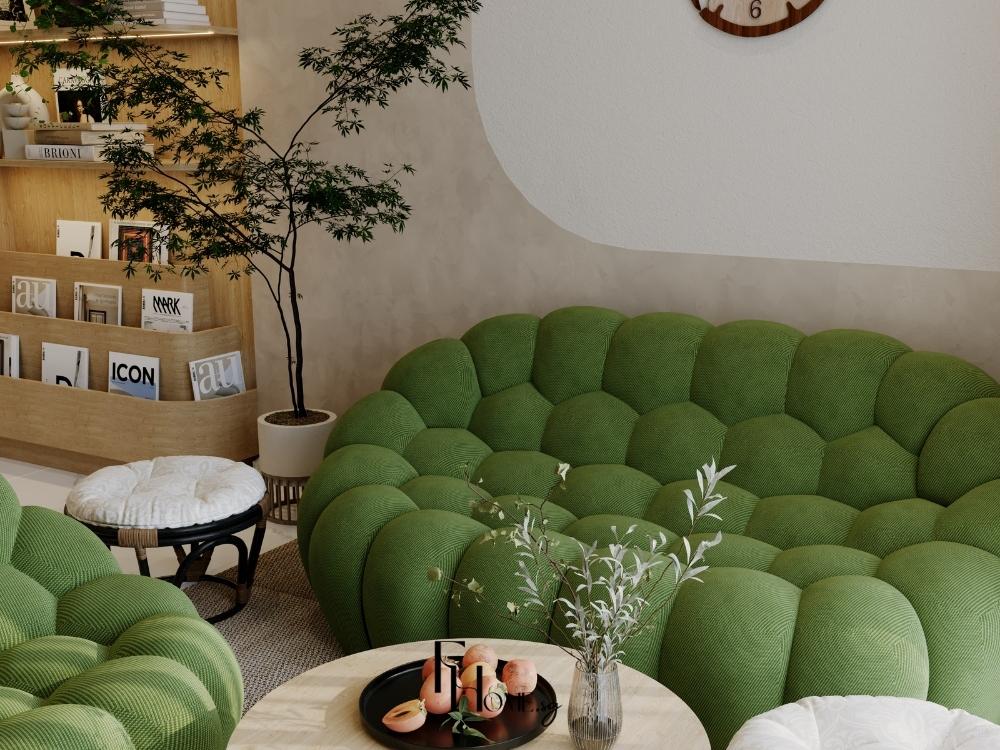 Không gian phòng khách thanh tịnh với bàn gỗ thấp đặt trung tâm, kết hợp đệm ngồi be nhạt tạo cảm giác thư thái