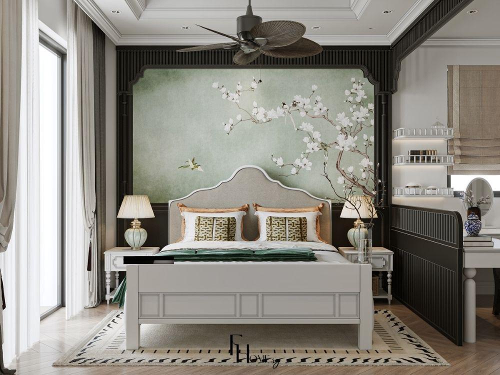 Không gian phòng ngủ Indochine mang vẻ đẹp giao thoa giữa nét cổ điển Pháp và sự mộc mạc Á Đông
