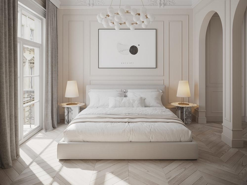 Không gian phòng ngủ Tân cổ điển sử dụng gỗ tự nhiên và kim loại mạ vàng, toát lên vẻ quý phái và tinh tế