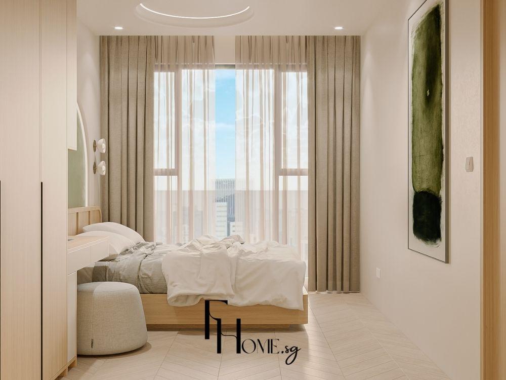 Không gian phòng ngủ cho khách tiện nghi với giường êm ái, tủ nhỏ gọn và bàn đa năng