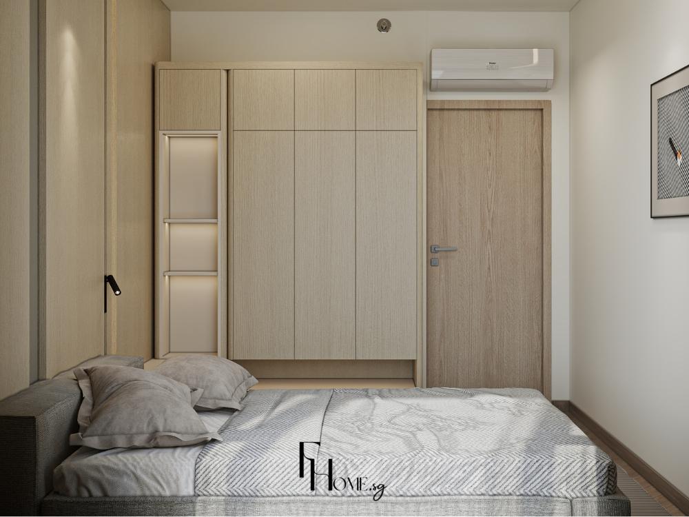 Không gian phòng ngủ gam màu trung tính, chất liệu gỗ và cotton tạo cảm giác ấm cúng, thư giãn