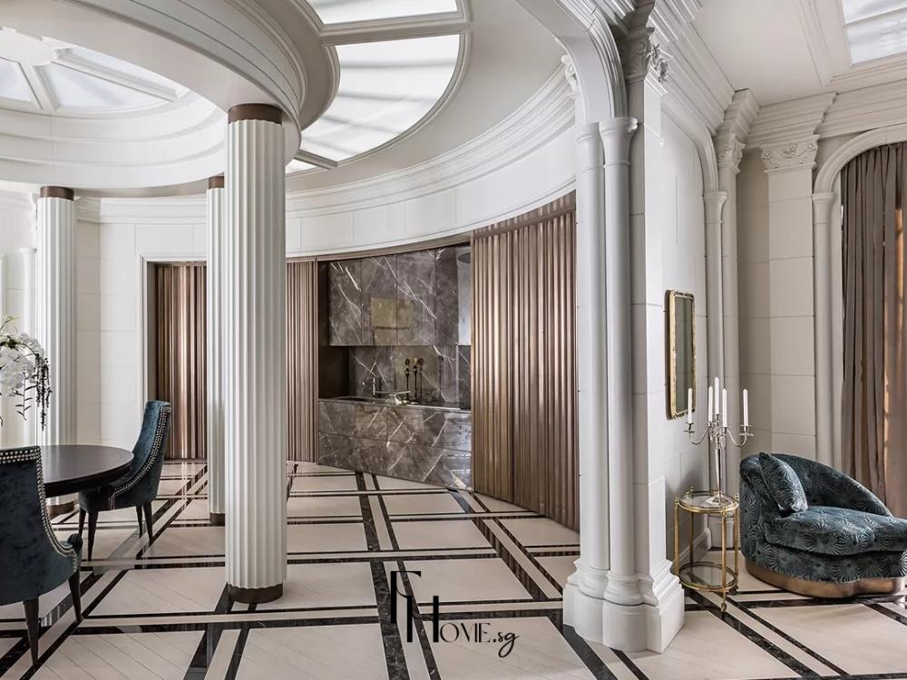 Không gian sảnh và phòng khách Tân cổ điển thể hiện sự cân đối và tinh tế trong từng chi tiết