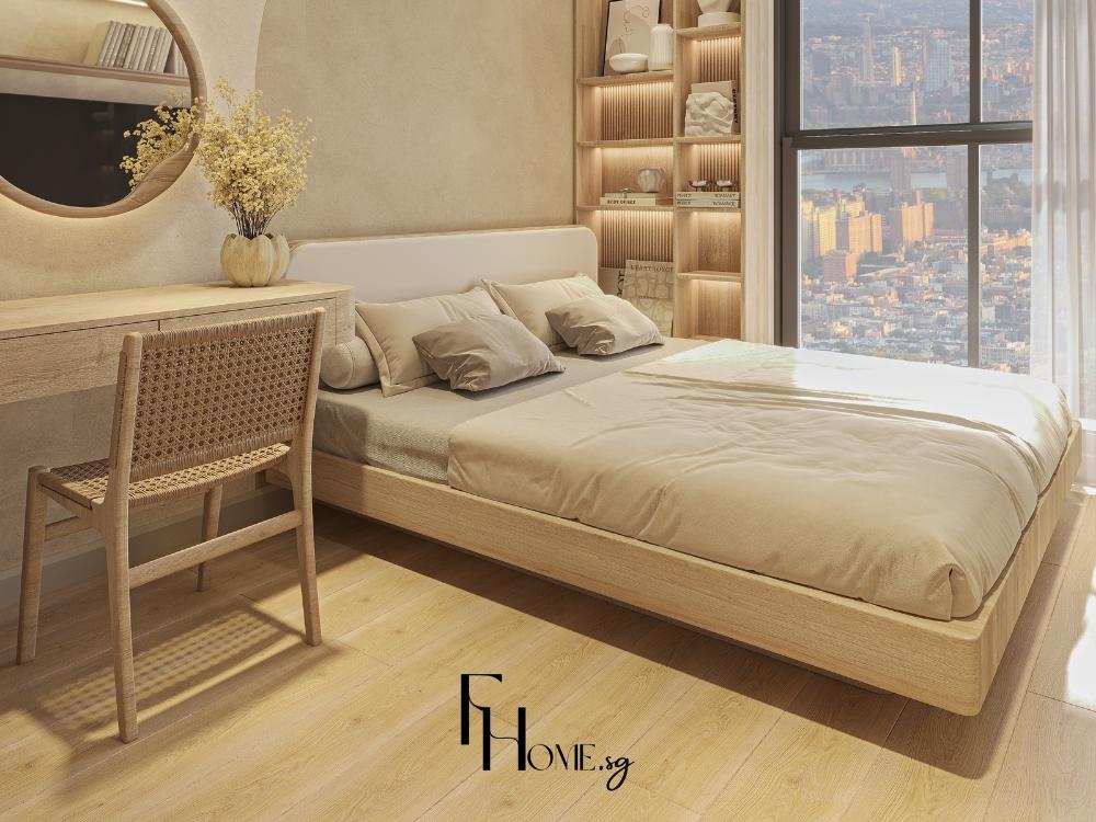 Không gian sử dụng bảng màu nâu đất, be và nâu rỉ sét tạo cảm giác ấm cúng, thư thái