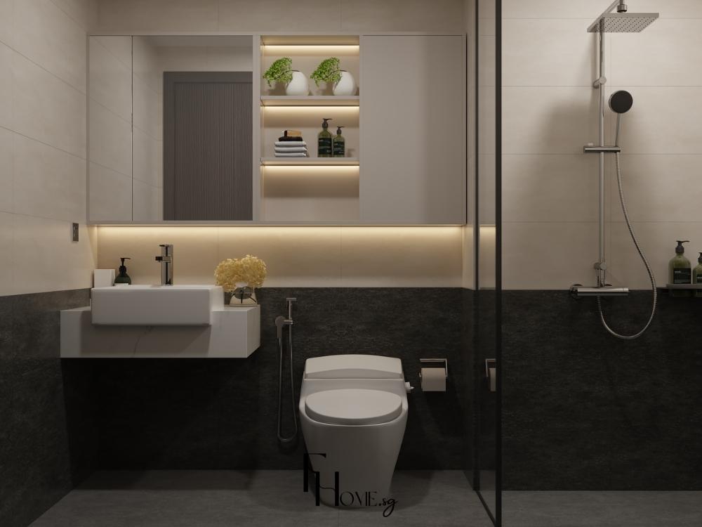 Không gian tắm được nhấn nhá nhẹ bằng vật liệu tự nhiên, tạo cảm giác thư giãn và sang trọng