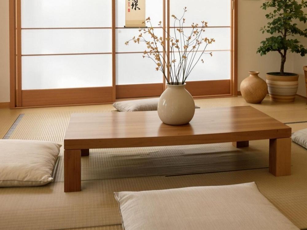 Không gian tiếp khách tối giản, sàn trải Tatami kết hợp bàn gỗ mộc mạc, ánh sáng tự nhiên lan tỏa khắp căn phòng