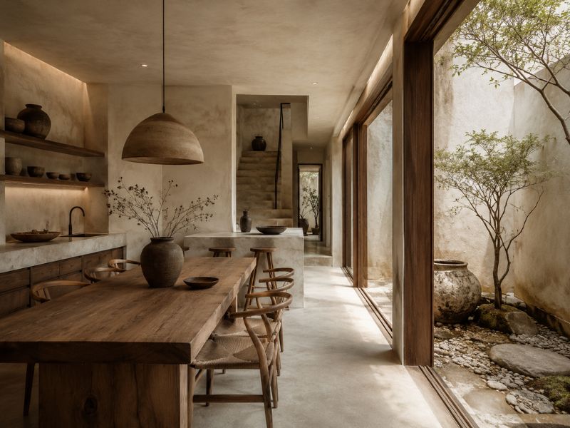 Khu bàn ăn liền bếp phong cách Wabi Sabi với bàn gỗ dài, cửa kính lớn và tiểu cảnh sân trong tự nhiên
