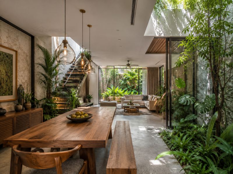 Khu bàn ăn liền phòng khách phong cách thiết kế nội thất Biophilic với bàn gỗ dài, cầu thang, giếng trời và nhiều cây xanh bố trí dọc không gian