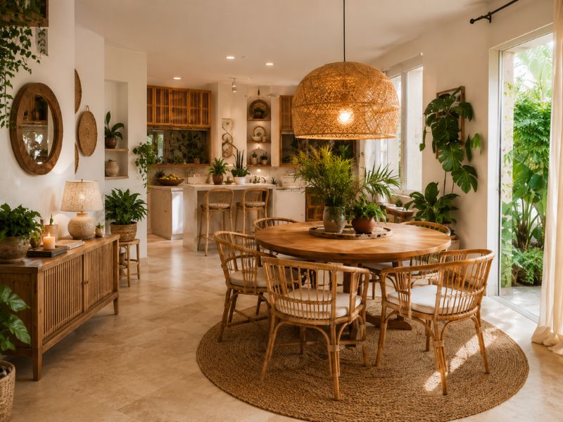 Khu bàn ăn phong cách Tropical Boho với bàn tròn gỗ, ghế mây, đèn thả tre và cây xanh trang trí