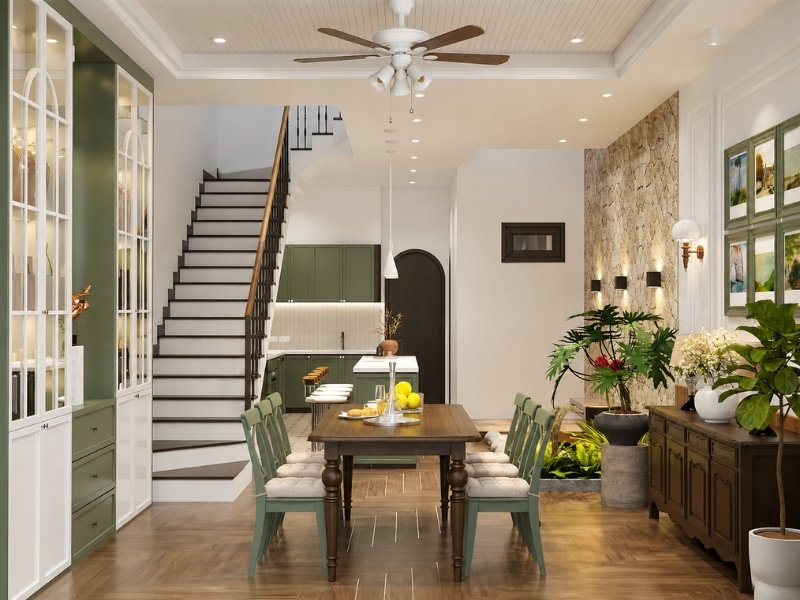 Khu bếp ăn nhà phố 5x20m tầng 1 kết nối tiểu cảnh hồ cá và vách đá tự nhiên